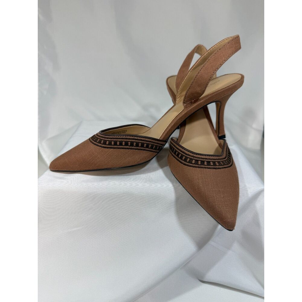 Ann Taylor 6.5 Brown Pointed Toe Slingback Heels Embroidered Pumps